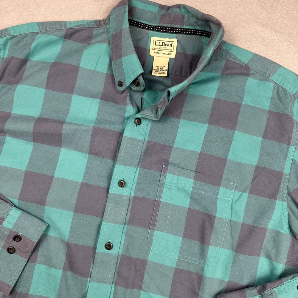 L.L. Bean Mens XL Check Long Sleeve Button Down Shirt Teal Blue Cotton 506449